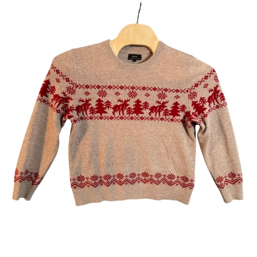 Quince 100% Mongolian Cashmere Reindeer Fair Isle Sweater Beige Red Large